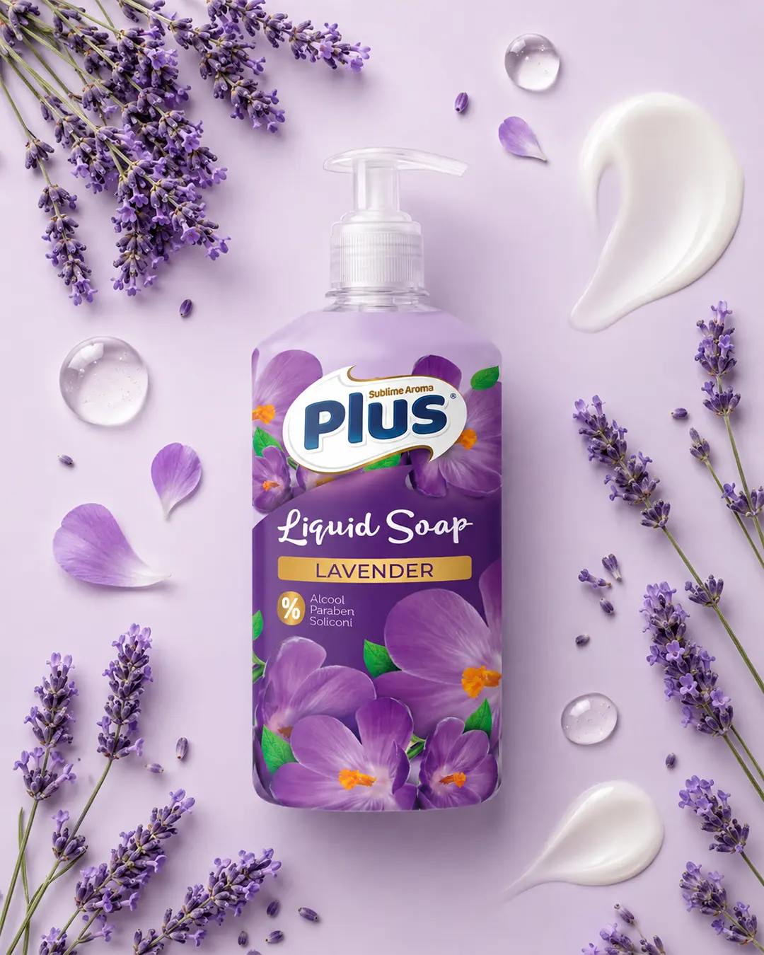 Plus Lavender liquid soap packaging