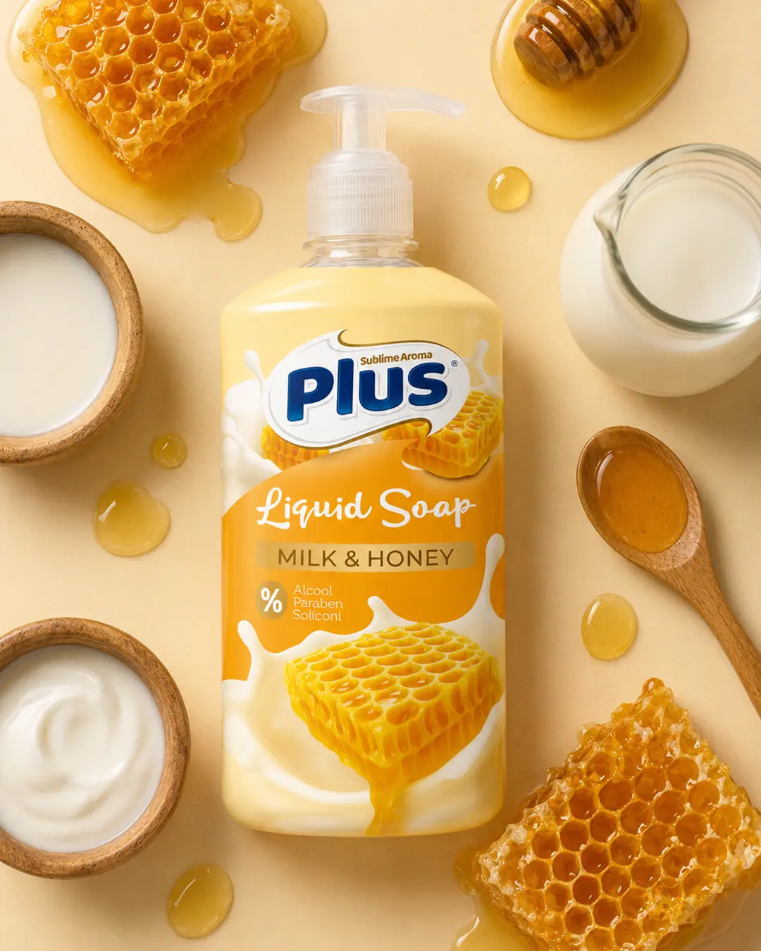 Plus Milk and Honey liquid soap packaging